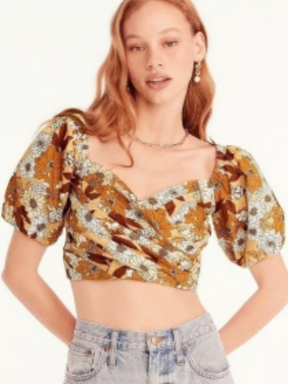 J.Crew brown zinnia floral retro puff-sleeve cropped top size extra small